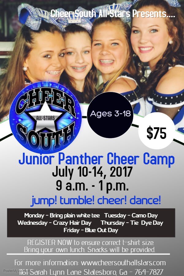 cheer_south's tweet photo. To register for our Junior Panther Cheer Camp use link below!

https://t.co/WtIp6inrOV https://t.co/bzXFGjzXMz