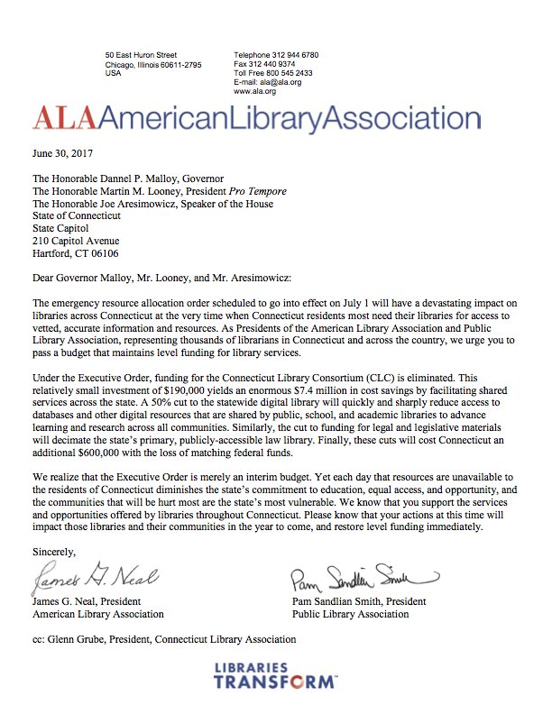 CLCct's tweet photo. Presidents of @ALALibrary &amp; @ALA_PLA call on @GovMalloyOffice, @JoeAresimowicz and Sen. Looney to #fundCTlibraries https://t.co/fSp91NYeg8 https://t.co/5QeP2Om5rG