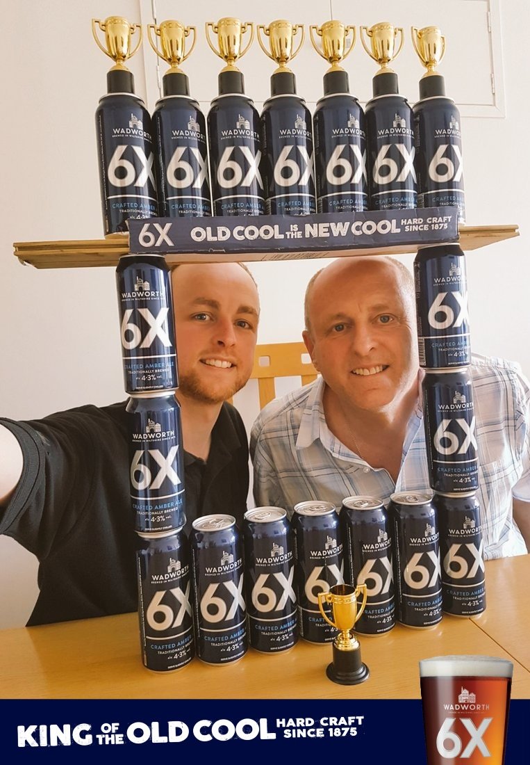 Wadworth's tweet image. Big congrats to @MikeWingett, clear winner of our Dad's Day #6XSelfie competition - Dad and son both win beer for a year! Cheers to that 🍻