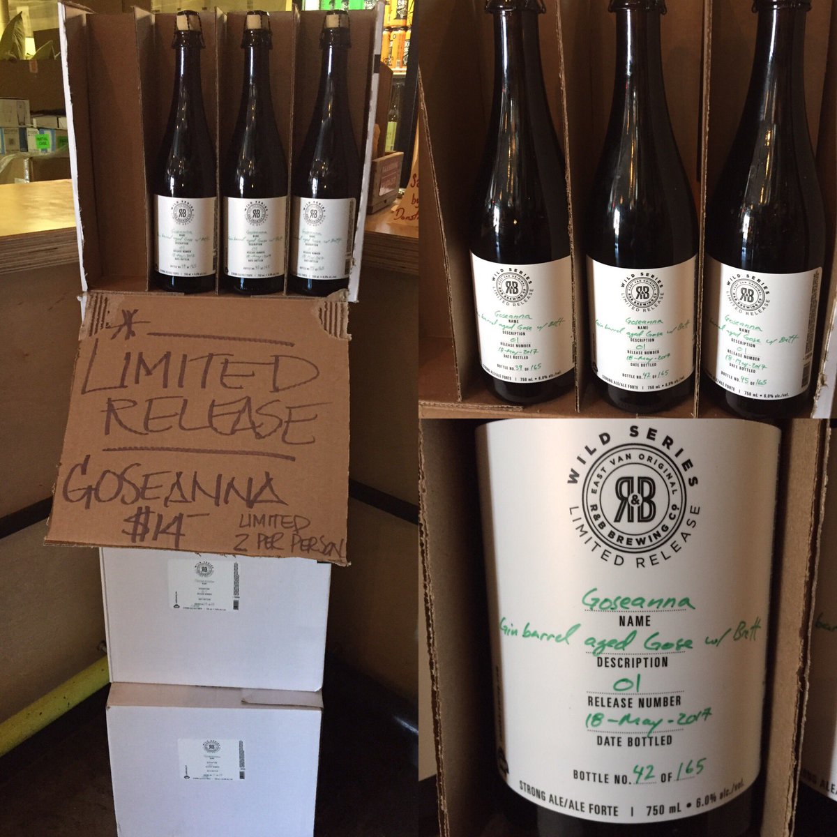 RBGrowlers's tweet photo. Available now! Limited release of our first Wild series! Goseanna! Only 4 cases left! Run, don't walk @RandBBrewing https://t.co/v5e78jQ8uu