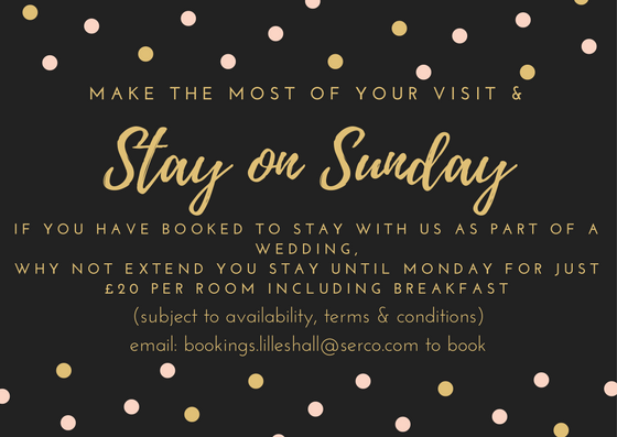 WedInLilleshall's tweet photo. ATTENTION WEDDING GUESTS! Why not take advantage of our 'Stay on Sunday' offer! Contact reservations for more details 01952 603003 #weddings https://t.co/FgF85l02wJ