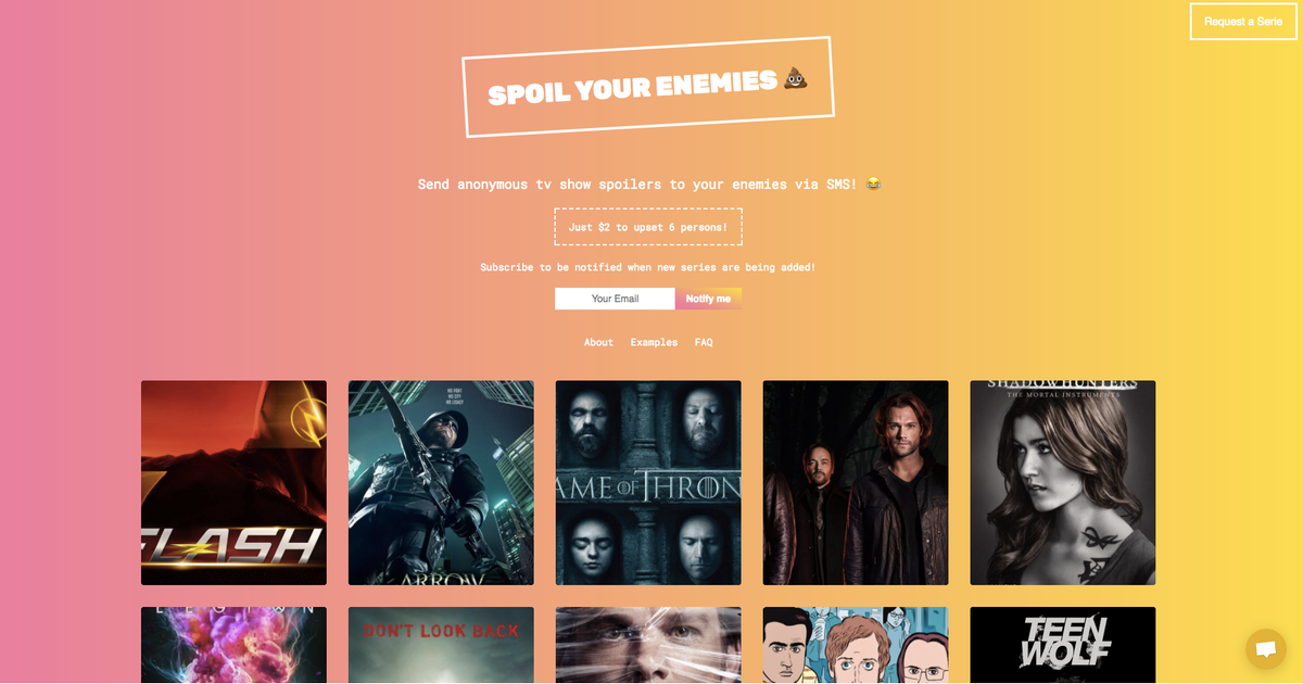 verge's tweet photo. A new service promises to text your enemies show spoilers, but doesn’t deliver https://t.co/14v9VUqfG3 https://t.co/RdK8qC4ymO