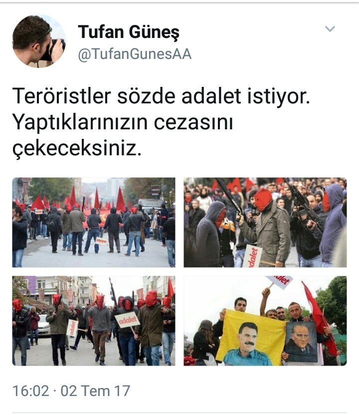 kacsaatolduson's tweet photo. Montajla teröristlerin eline adalet yazıp paylaştı. Yapan kim? Anadolu Ajansı çalışanı.Bu yalanlar için IŞİD gibi cennet vizesi alıyorlar https://t.co/kB5wPcgwpp