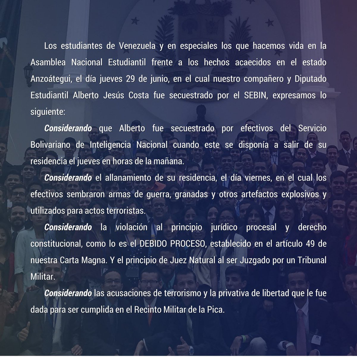 ANEstudiantil's tweet photo. Comunicado Oficial en referencia a la detención arbitraria de nuestro Diputado Estudiantil Alberto Acosta #ANEstudiantil #SomosEstudiantes https://t.co/XFYkvObnWx