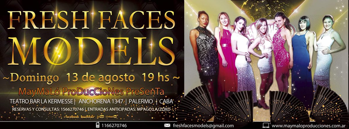 Se viene!!!
El primer FRESH FACES MODELS del año!
DOMINGO 13 DE AGOSTO A LAS 19 HS
Teatro - Anchorena 1347 - Palermo