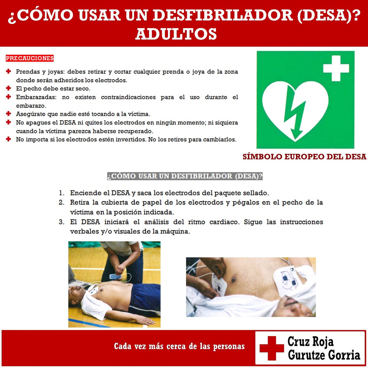 Cruz Roja Bizkaia on Twitter: "¿Cómo usar un desfibrilador #DESA en