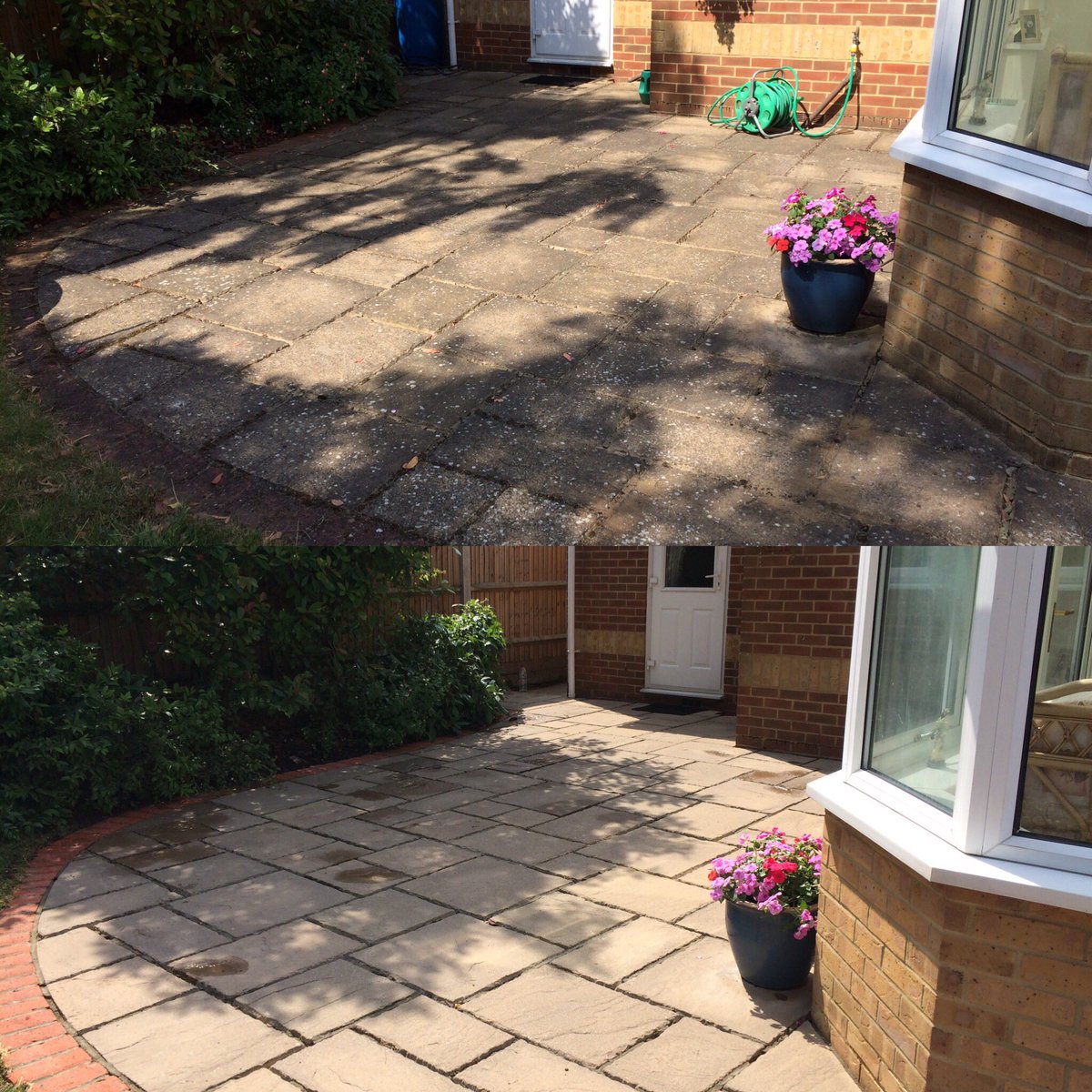 This patio hadn't been cleaned since it was laid 10 years ago! Looks brand new again now 👍🏻 #kent #pressurewashing #clean
