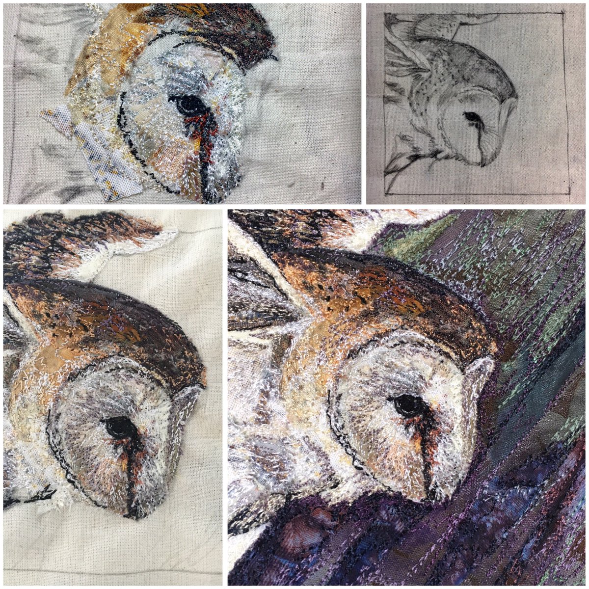 RSetford's tweet photo. Progress from drawing on fabric to final #embroidery just 4"square. #textileart #stitched #embroideredtextile #art #stitchedtextile #sketch https://t.co/Rncm7Zje5x