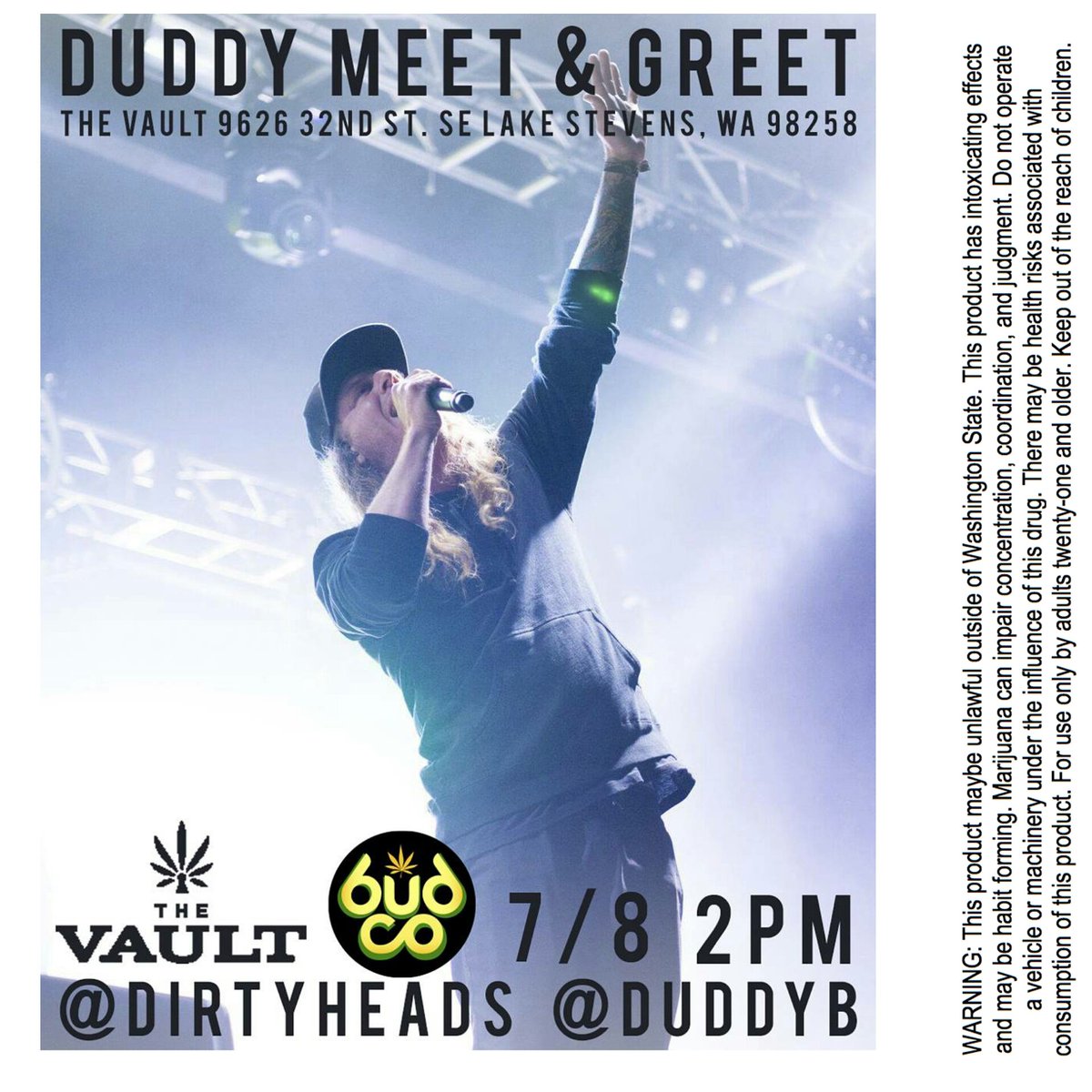 VaultCannabis's tweet photo. Are you ready?! Meet Duddy B this Saturday at The Vault Cannabis! 
#thevaultcannabis #duddyb #dirtyheads #budco #cannabis #meetandgreet https://t.co/vwnU0dO4HH