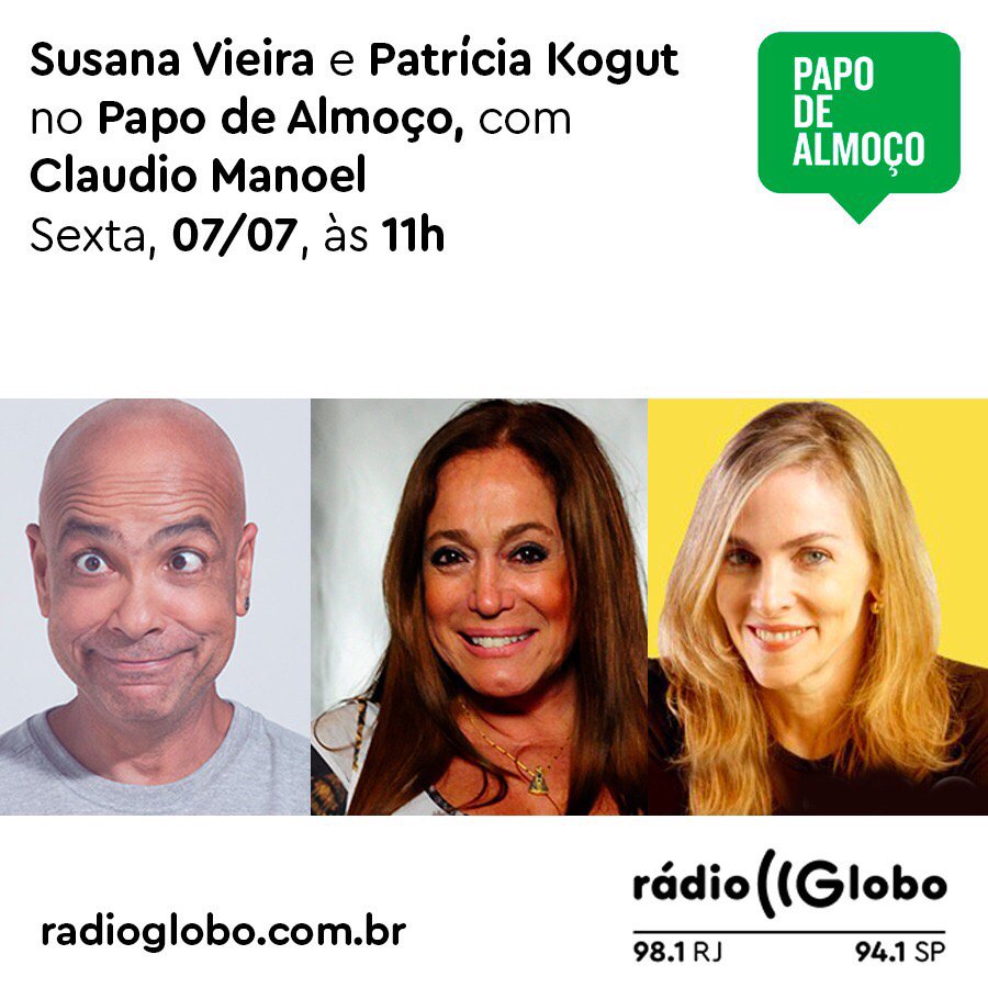 Amanhã! Às 11 hrs, na nova rádio Globo, o meu "Papo de Almoço". Com Suzana Vieira e Patrícia Kogut. Te encontro lá.