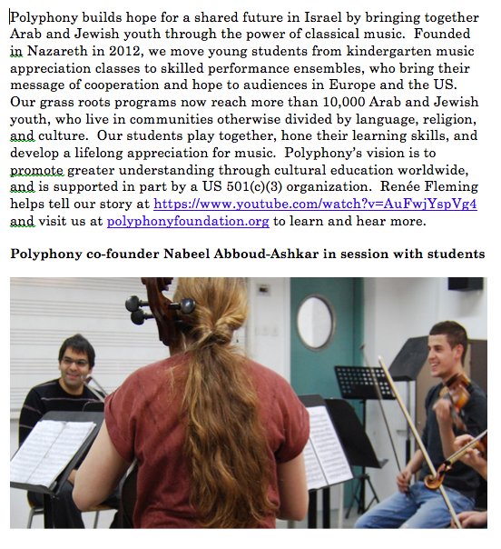 <a href="/JeffBezos/">Jeff Bezos</a> Alexa, play the possible! - across cultural divides in Israel, Arab and Jewish youth create and enjoy music together <a href="/PolyphonyOrg/">Polyphony Foundation</a>