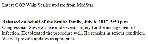 NBCNews's tweet photo. JUST IN: GOP Whip Steve Scalise "remains in serious condition" after undergoing surgery for management of infection, according to MedStar https://t.co/HREmJWeQgn