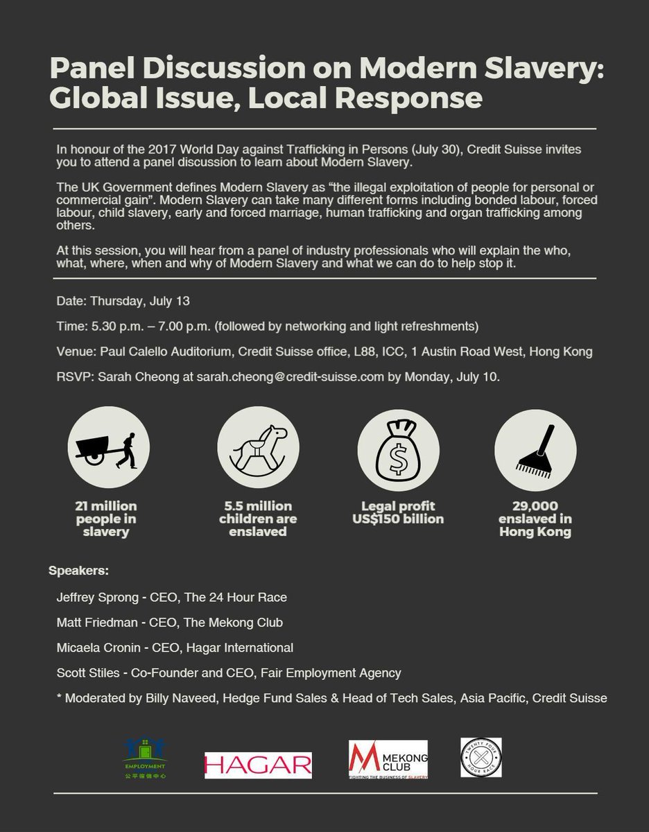 Attend this <a href="/CreditSuisse/">Credit Suisse</a> event in honour of the 2017World Day Against Trafficking in Persons (30/7). Details below. We'll be there! #WDATIP