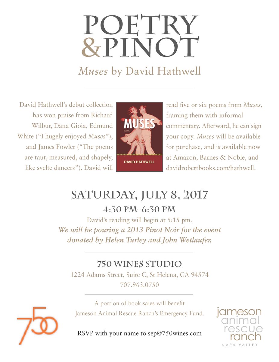 JamesonARR's tweet photo. Poetry & Pinot @750Wines Sat., July 8 #HelenTurley #DavidHathwell #St.@StHelenaCA Join us! https://t.co/7Zieesjc9N
