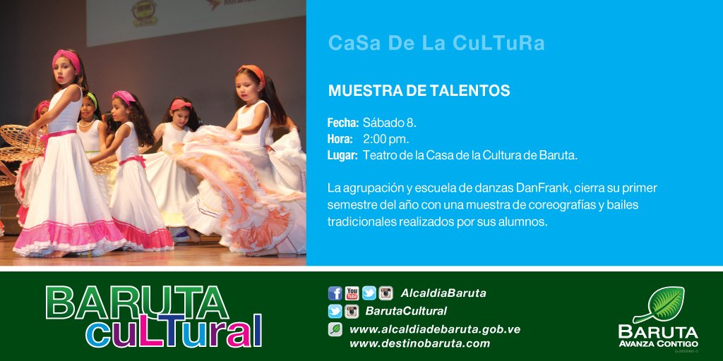 AlcaldiaBaruta's tweet photo. ¡Asiste! Muestra de talentos con la escuela de danzas #DanFrank. Mañana #8Jul en la Casa de la Cultura de #Baruta https://t.co/LFK2Dh4DCh