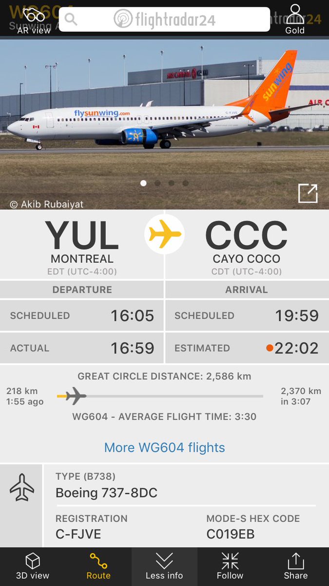 TomPodolec's tweet photo. DIVERSION
@SunwingVacay #WG604 to 
Cayo Coco returning to Montreal.
C-FJVE Boeing 737-800 https://t.co/42wlTA8fQE
