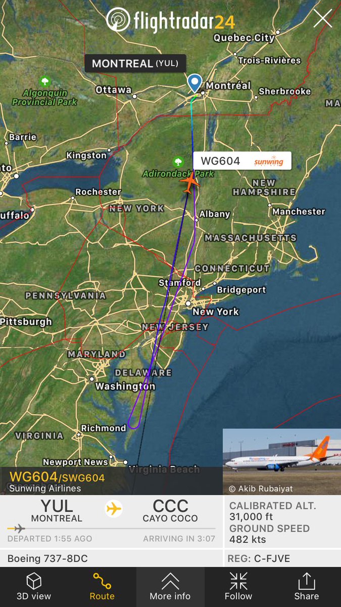 TomPodolec's tweet photo. DIVERSION
@SunwingVacay #WG604 to 
Cayo Coco returning to Montreal.
C-FJVE Boeing 737-800 https://t.co/42wlTA8fQE