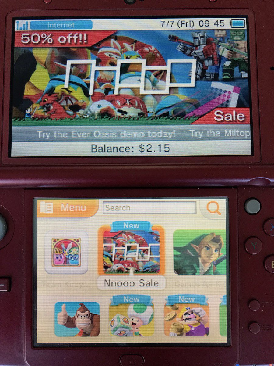 _Nnooo's tweet photo. Woot, there’s a Nnooo sale on #Nintendo #3DS with its own shelf!  Everything 50% off! #Cubemen2 on #WiiU also 50% off! https://t.co/8HXwdZyFFd