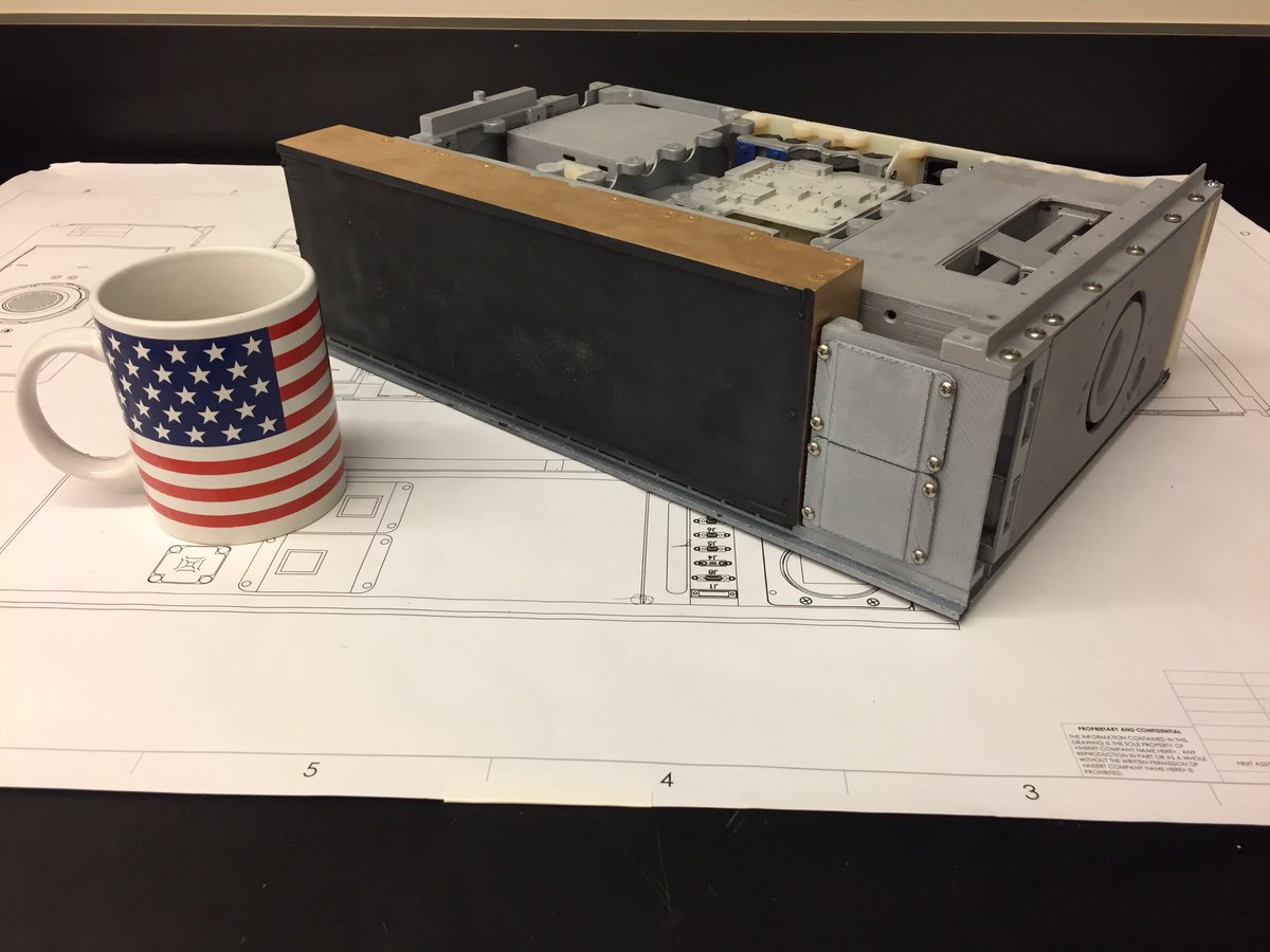 lunahmap's tweet photo. 3D printed 1:1 model of the LunaH-Map spacecraft! Coffee cup and pen for scale. https://t.co/Zib8kolRdK