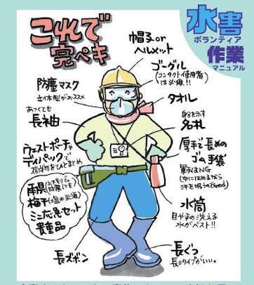 gaugaufukkou's tweet photo. 今回ノヨウナ水害ボランティア時ノ服装及ビ装備。
飲物ト昼飯モ持参ガ基本。
ガンバッペシ！
#ボランティア https://t.co/w93aKctonK