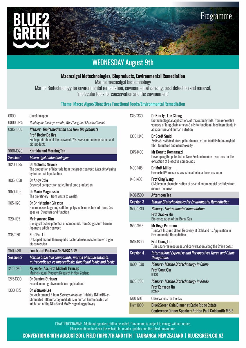 blue2green2017's tweet photo. Updated programme now out for #blue2green - Marine Biotechnology Convention 8-10 August 2017, Tauranga https://t.co/PZC9WX7Jzm