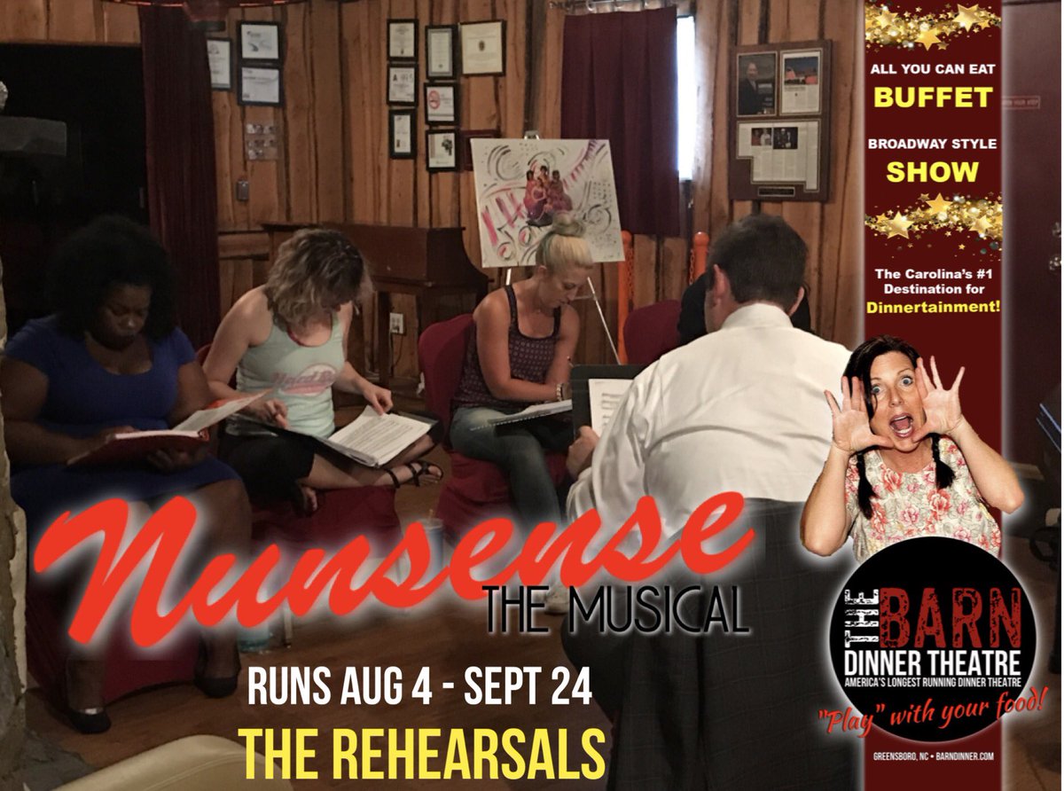 BarnDinner's tweet photo. #Rehearsals for #NunsenseTheMusical. $10 off Aug 4-11. Runs 8/4-9/24. Box Office 336-292-2211 https://t.co/GlVbEp5ZnH #barndinner #nctriad https://t.co/7oeLS42Vr3