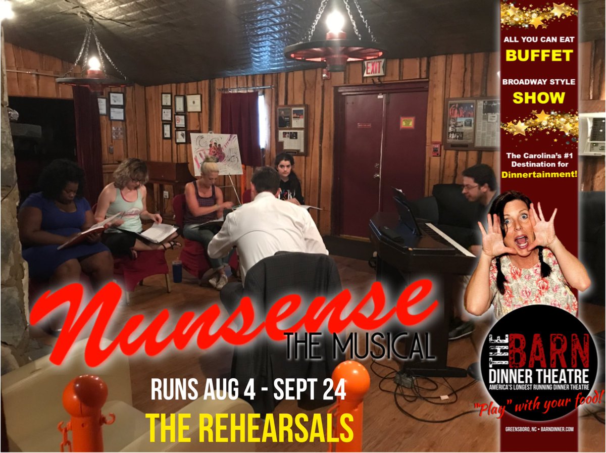 BarnDinner's tweet photo. #Rehearsals for #NunsenseTheMusical. $10 off Aug 4-11. Runs 8/4-9/24. Box Office 336-292-2211 https://t.co/GlVbEp5ZnH #barndinner #nctriad https://t.co/7oeLS42Vr3