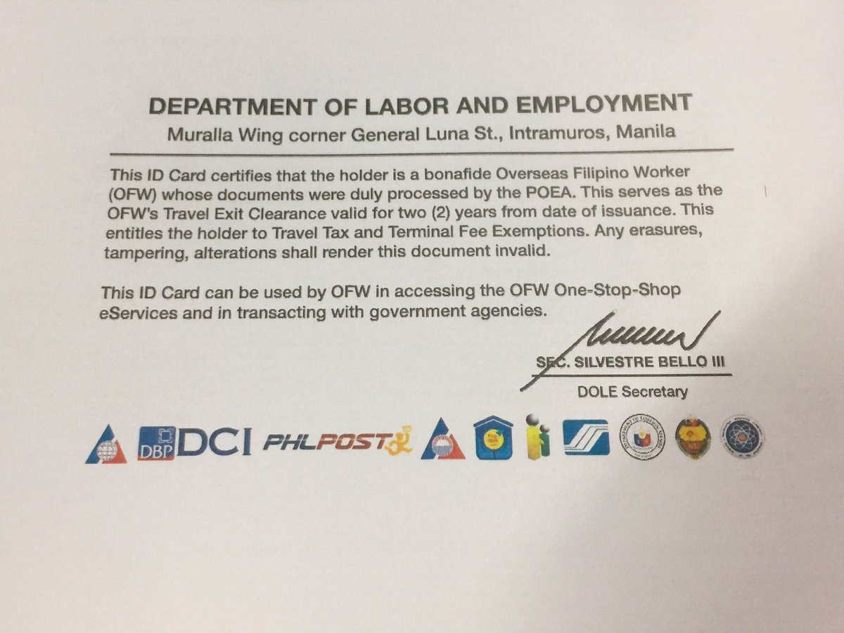 Sample OFW I-dole Ever wonder how an OFW ID, or the I-DOLE ID looks like? Here it is. Front and back copies provided by DOLE, that will be distributed starting this July 2017. Tomorrow after presentation to President Duterte at Malacanang, the DOLE and POEA will start producing this FREE OFW Identification card and will be distributed to POLO Offices or will be sent to OFWs. Here's what we know so far: 1. No need to apply for the iDole or OFW ID. 2. All the bonafide OFWs who are listed in the POEA will acquire the ID. 3. OFW ID is free. There will be no fees to be collected to receive the OFW ID. 4. OFW ID can be used as a beep card in taking MRT or LRT rides. 5. It will serve as a debit or credit card in the OFW Bank that will be opening soon. 6. The OFW ID can be used in any government or private transactions. (e.g. SSS, Philhealth and Pag-Ibig). 7. The OFW will only be the prime recipient and receiver. 8. The OFW ID will be the replacement for OEC. 9. In the future, it will serve as an e-passport. 10. The waiting is over, It will start on July 12, 2017 to be introduced to President Duterte at Malacanang and will be for distribution starting end of July.