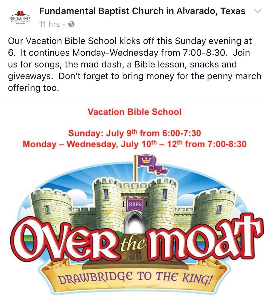FundamentalBC's tweet photo. Vacation Bible School starts this Sunday night at 6:00.  #overthemoat https://t.co/aymnlvSVzw