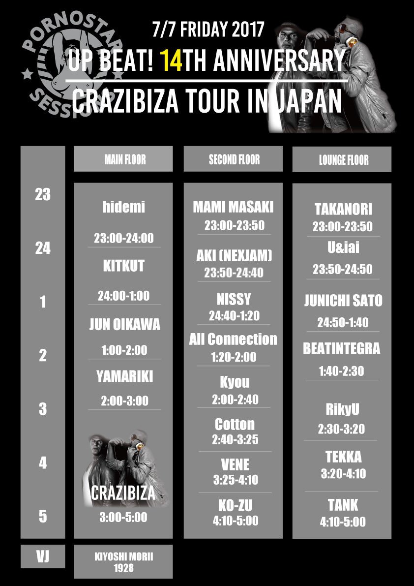 UPBEAT_NEWS's tweet photo. 【7/7】UP BEAT!14th Anniversary!!! @clubasia
ついに今夜！ゲストにCrazibizaを迎えUP BEAT！が開催🙌✨記念すべき14周年をお祝いして🥂🎉踊り明かそう😊今夜のタイムテーブルはこちら！！
#upbeat14th #party https://t.co/zVMrwKvKgT