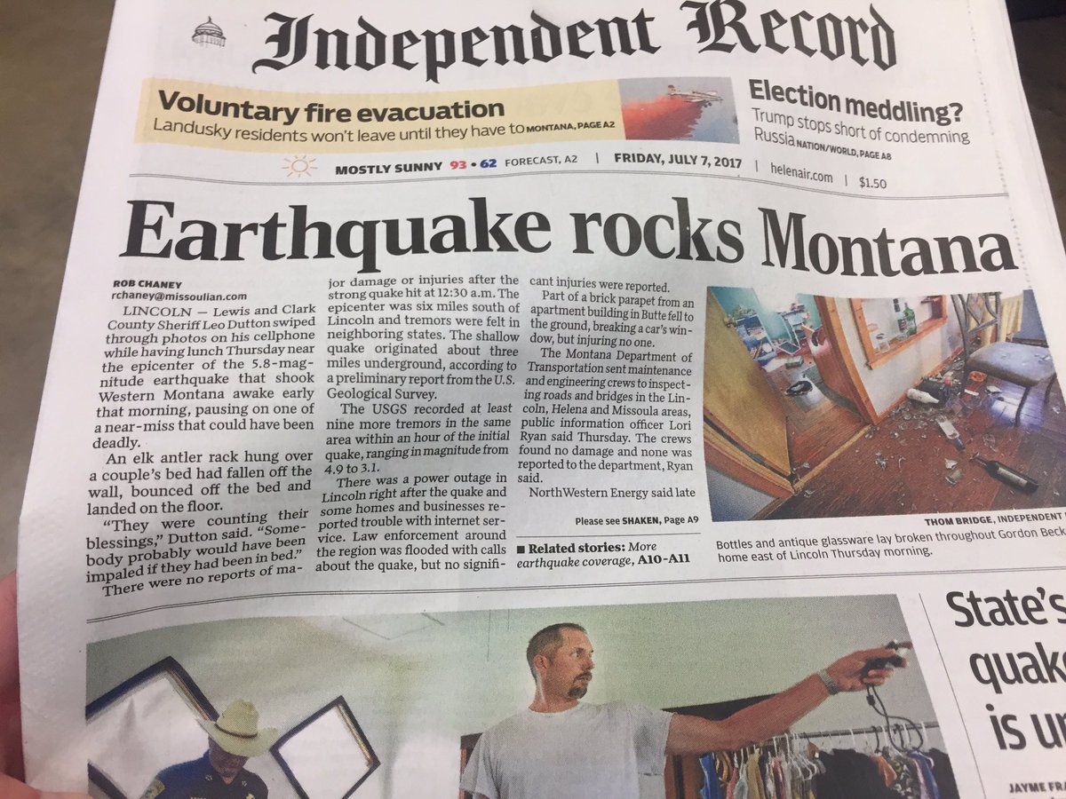 JesseWChaney's tweet photo. After one long day, and 3 hours of sleep, there it is. (Guess we're sticking with paper instead of coffee mugs this time) #MTquake #mtnews https://t.co/QP9OCp1OCy