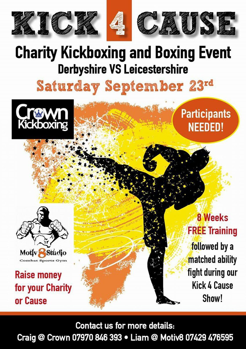 WNWCraig's tweet photo. #Kick4Cause Charity Kickboxing and Boxing event #Derbyshire v #Leicestershire Saturday Sept 23rd raising money for your charity or cause 🥊 https://t.co/bWcQQMMjEF