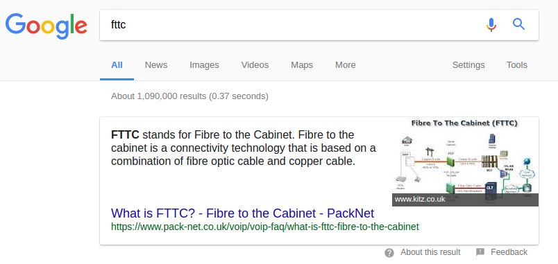 PackNet's tweet image. We're a @Google featured snippet for the search term "FTTC"!