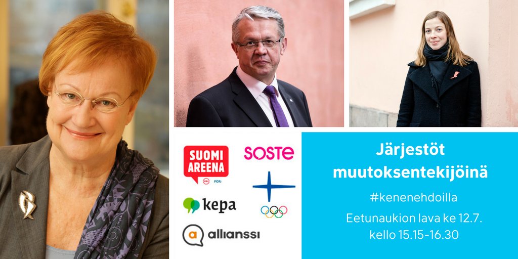 Ensi viikolla #SuomiAreena'ssa: #Kenenehdoilla järjestöt toimivat? Mukana <a href="/TarjaHalonen/">Tarja Halonen</a> <a href="/liandersson/">Li Andersson</a> <a href="/JuhaRehula/">Juha Rehula</a> ja <a href="/tuomaspeltomaki/">Tuomas Peltomäki</a>