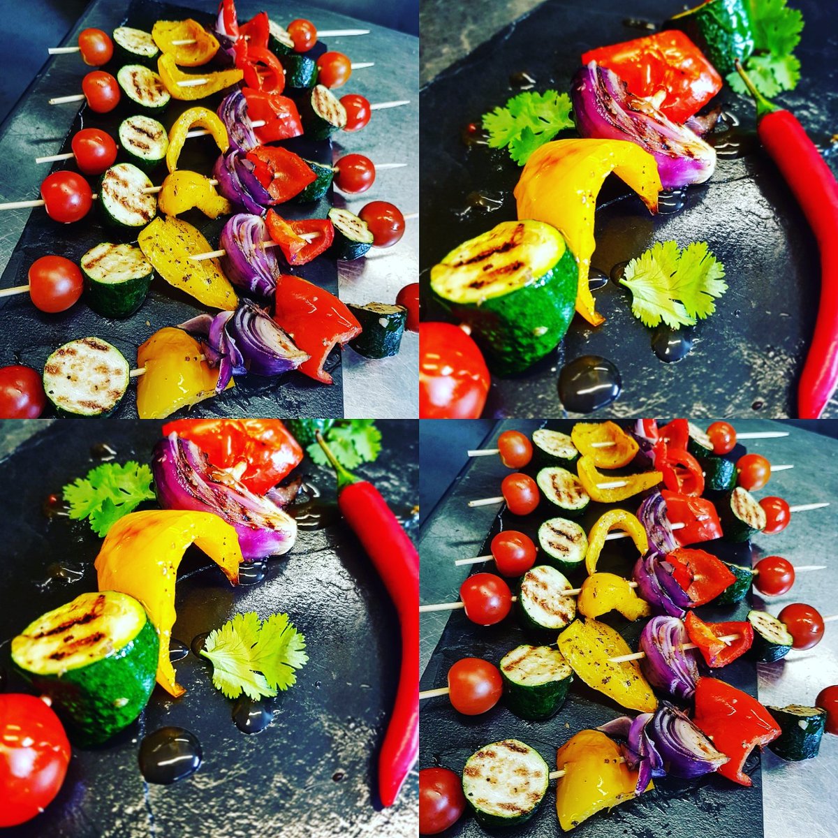 Chargrilled vegetable skewers finished with a sweet chilli glaze and fresh coriander. Served with a selection of salads 🌞 #dorchester
