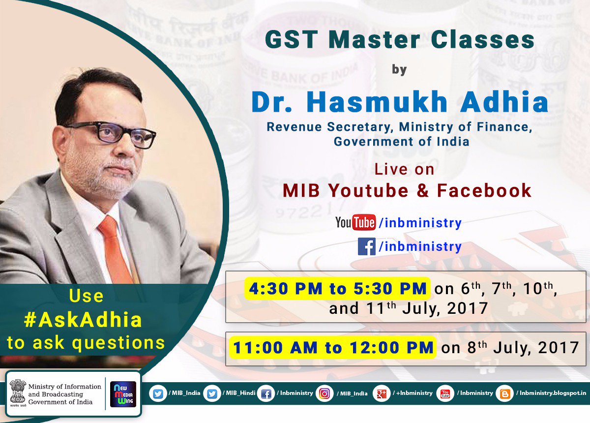 gsthelpline's tweet image. #GSTMasterClasses by @adhia03 full Schedule and Time Table for Live Streaming @ bit.ly/2toyD8Q #GST #GSTForNewIndia