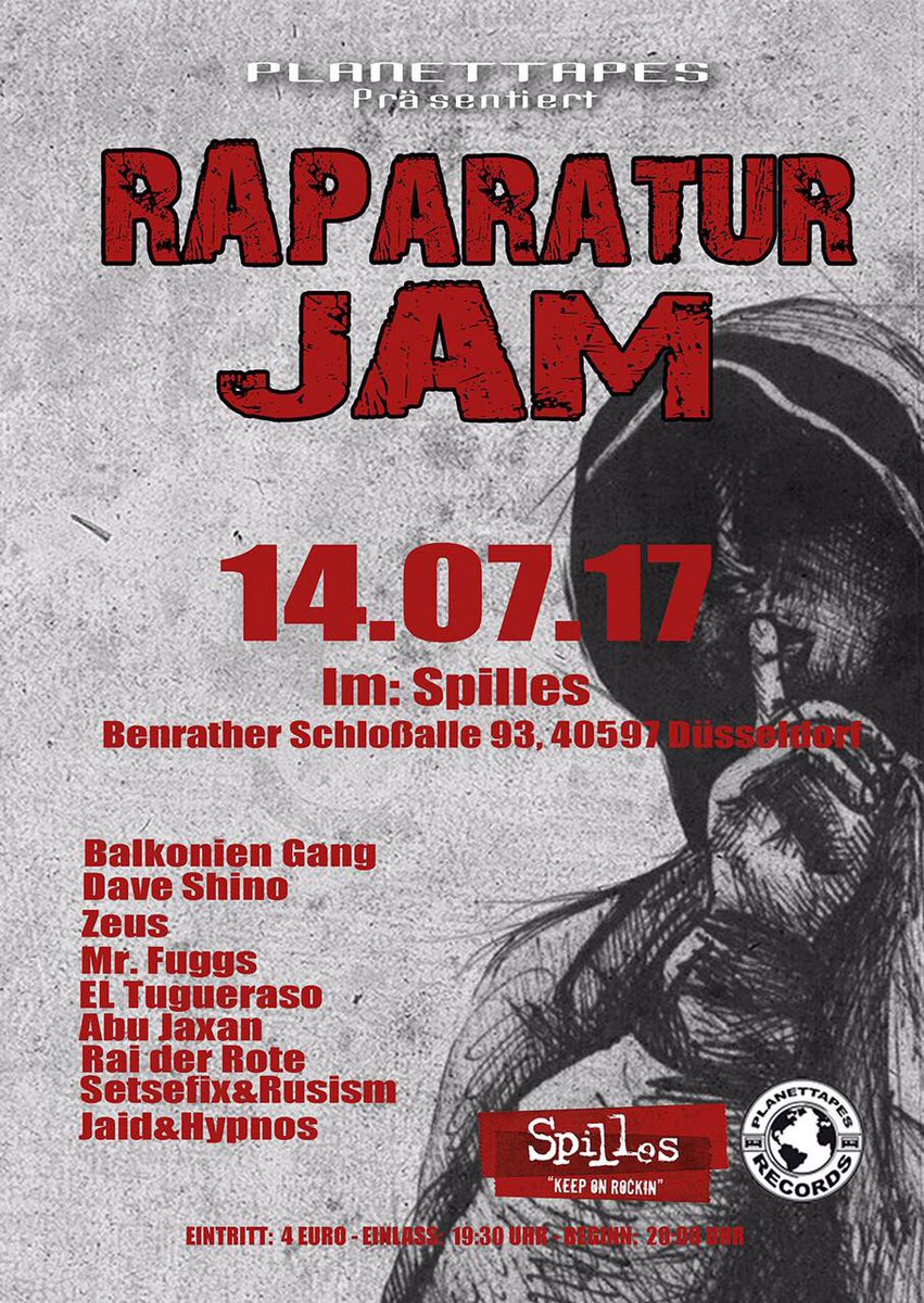 MrFuggs's tweet photo. RAParatur Jam am 14.07 im Spilles in Düsseldorf https://t.co/gZWwW8Mtg3… #planettapes #raparaturjam #spilles #düsseldorf #hiphop #rap #jam https://t.co/CaYnNn3NAr