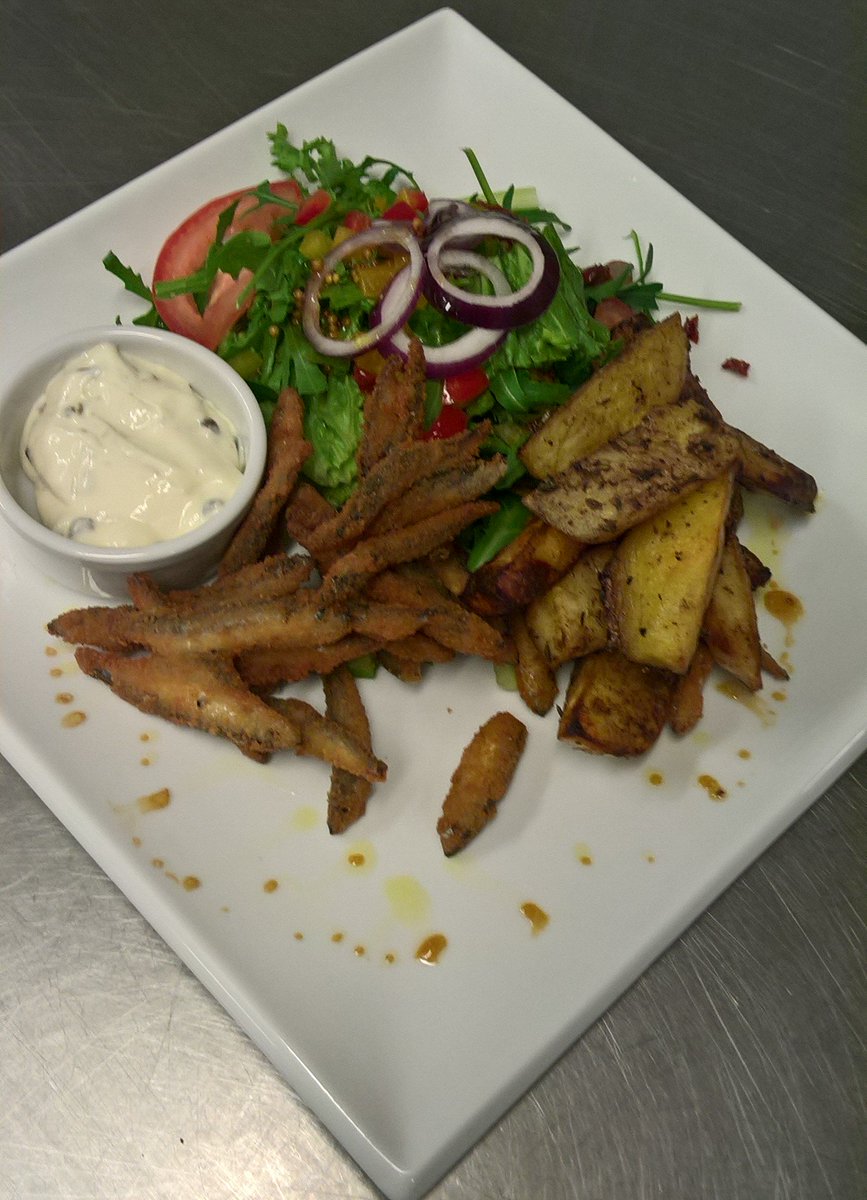 RuskinCafe's tweet photo. Whitebait with lemon and caper mayonnaise, spicy wedges and salad 
#fishfriday https://t.co/4z28umkjLY