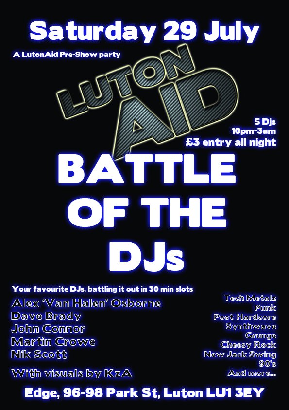 LutonAid pre-show party at Edge, going to be awesome. Sat 29 July and £3 entry all night. <a href="/intheedgeluton/">Edge</a> #LA2017 #edge