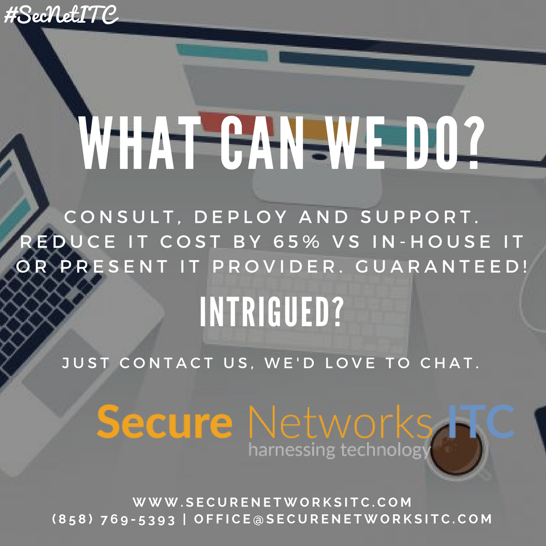 secnetitc's tweet photo. Our 3 major teams are Consulting, Deployment and Tech Support.
We'd love to tell you more, so give us a call or send us an email.
#secnetitc https://t.co/2xCD7NJnTU