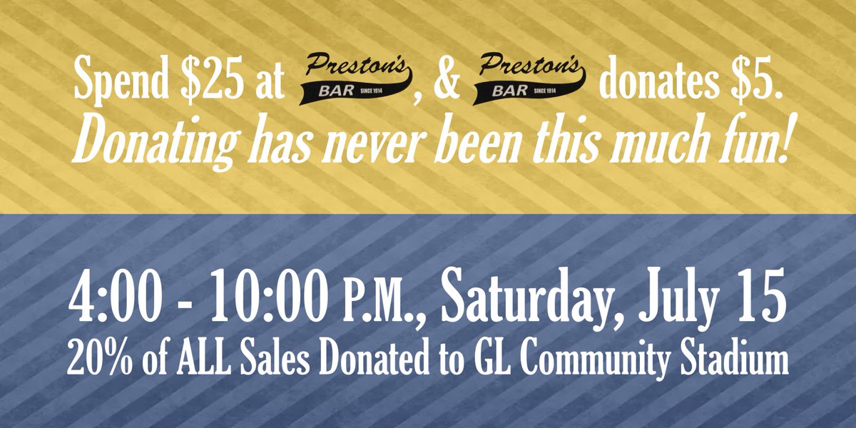 GLstadium's tweet image. Next Sat., 4-10pm, Preston's Bar is hosting a fundraiser for GL Community Stadium. Invite your friends &amp;amp; be there! 

facebook.com/events/1891788…