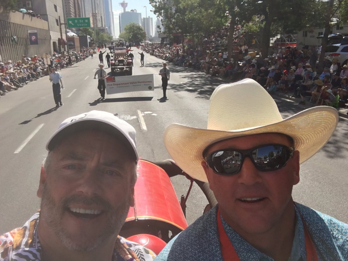 WBrettWilson's tweet photo. Riding in @calgaryStampede w/ my cowboy #BrettFulford.
It's hard work sucking in the gut and puffing chest for 2 plus hours.
#CowboyWork https://t.co/Bkis7Dc3IQ