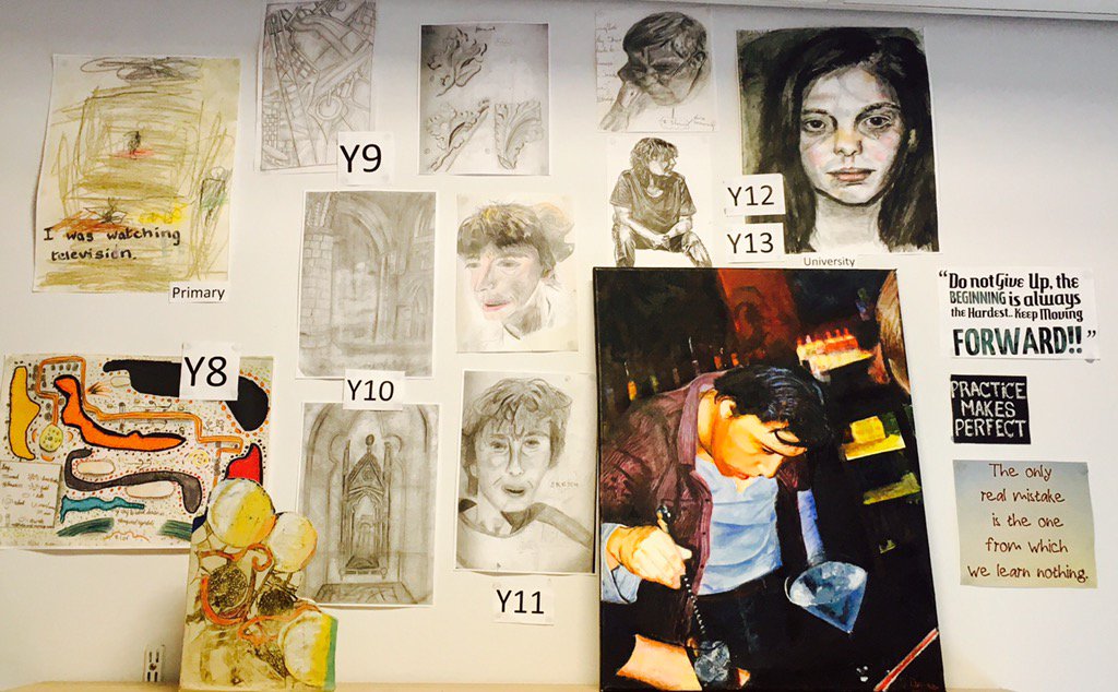 KentonArt's tweet photo. Mr Davies display of his artwork from primary school to degree level. Brave, positive & engaging. #progressovertime https://t.co/3sf4pJRHqi