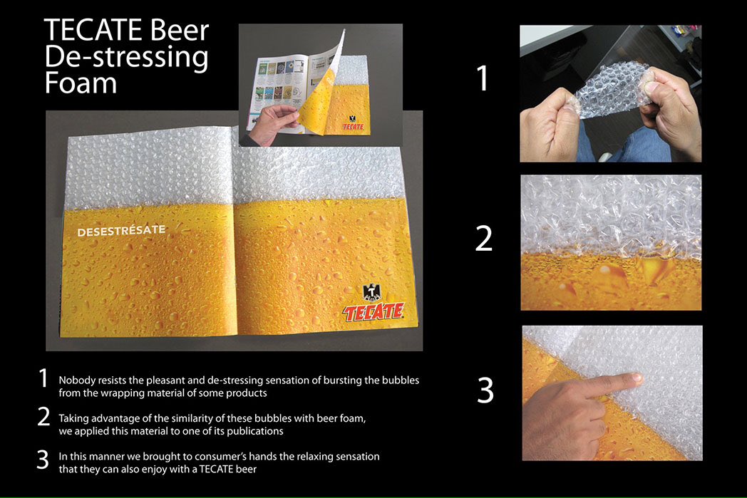 Burbujas de plástico que simulan espuma. Campaña contra el estrés de Apex BBDO para la marca de cerveza Tecate 🍺 comunicadores.info/2017/07/06/anu…