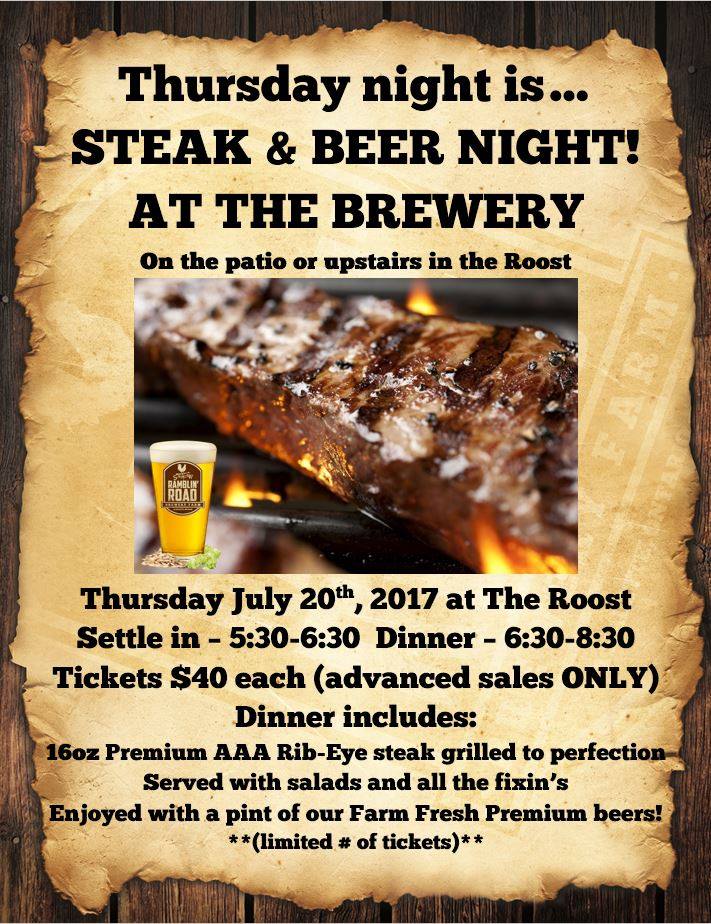 Join us July 20th for our first Steak &amp; Beer night!!  Advance ticket sales only - contact the brewery 519-582-1444 #NorfolksBestBrew #steak