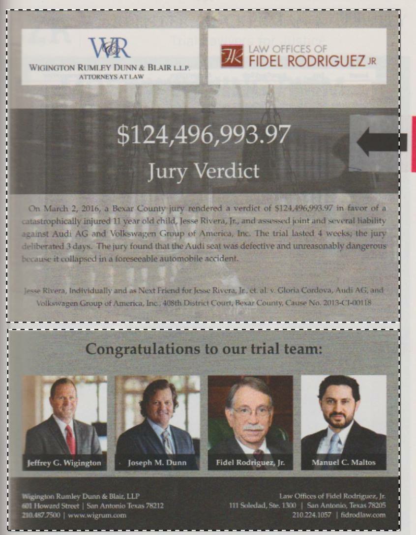 WigRumLaw's tweet photo. 4 week trial against Audi and Volkswagon verdict by Wigington Rumley Dunn &amp; Blair in 2016 according to The National Law Journal
#wigrumlaw https://t.co/3BA4VFwV9l