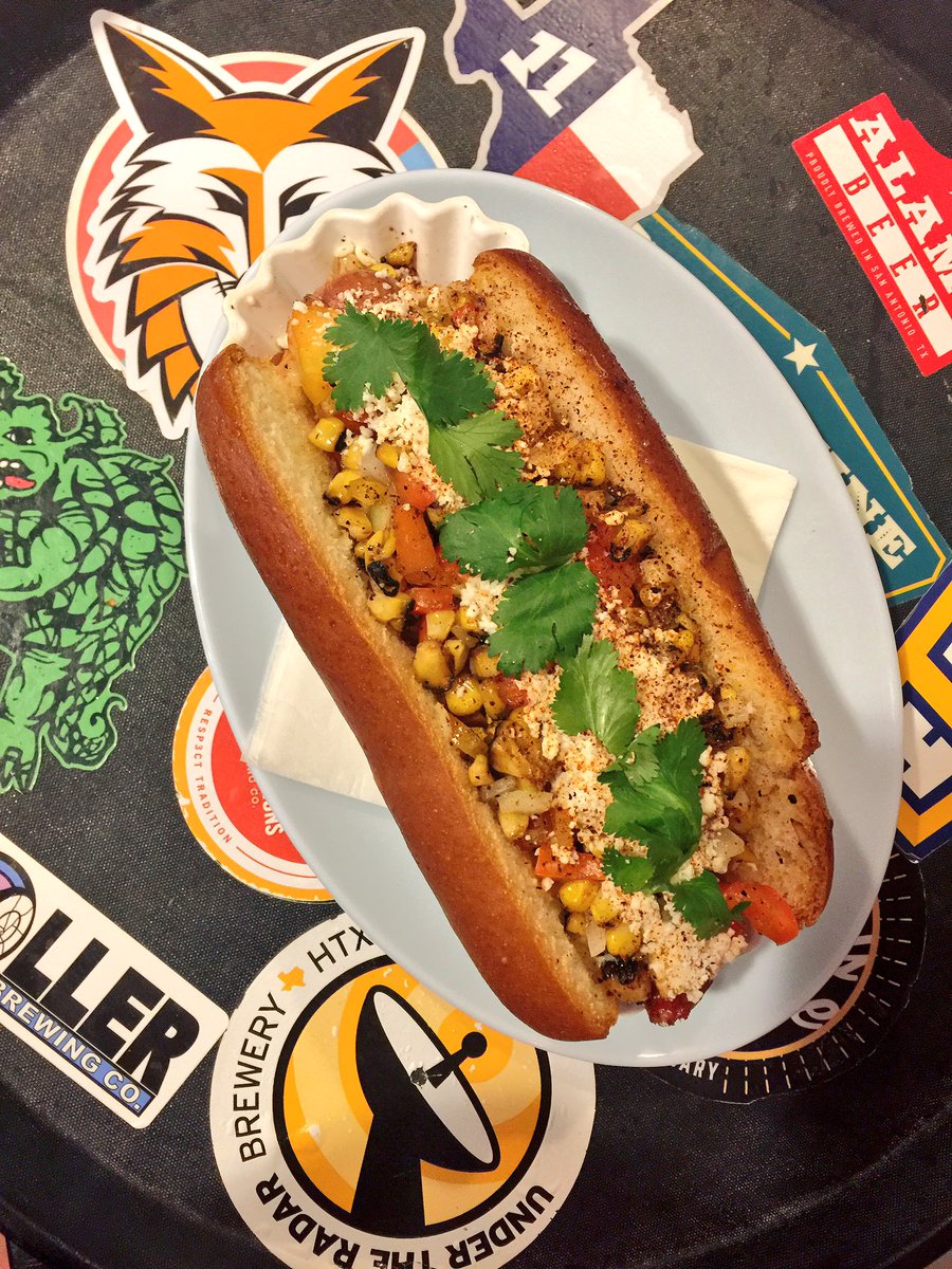 Elote Dog Roasted Corn Bell Peppers Onions Cotija Cheese Aoli Cilantro