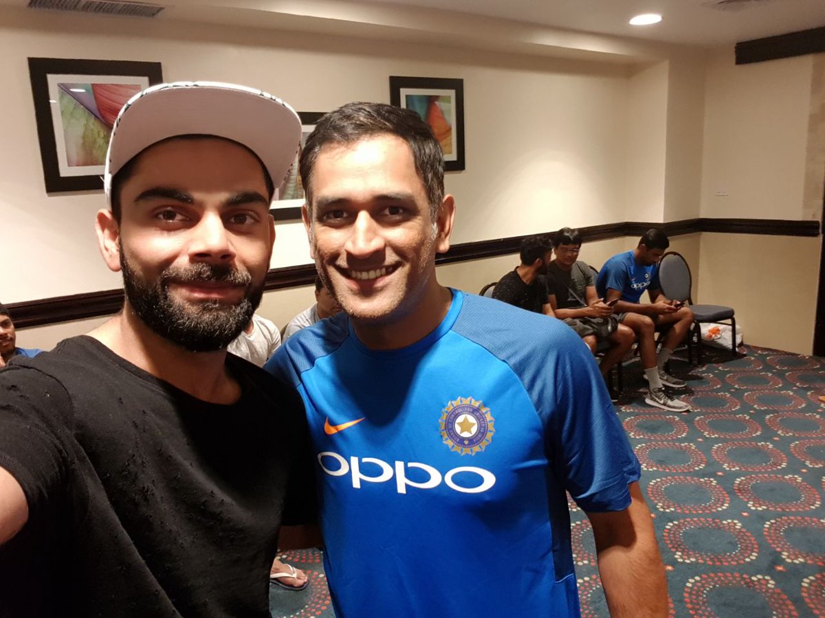 imVkohli's tweet photo. Happy B'day Mahi bhai wish you lots of happiness and peace and success going ahead. God bless @msdhoni. 😇 https://t.co/JkbTS5qwgq