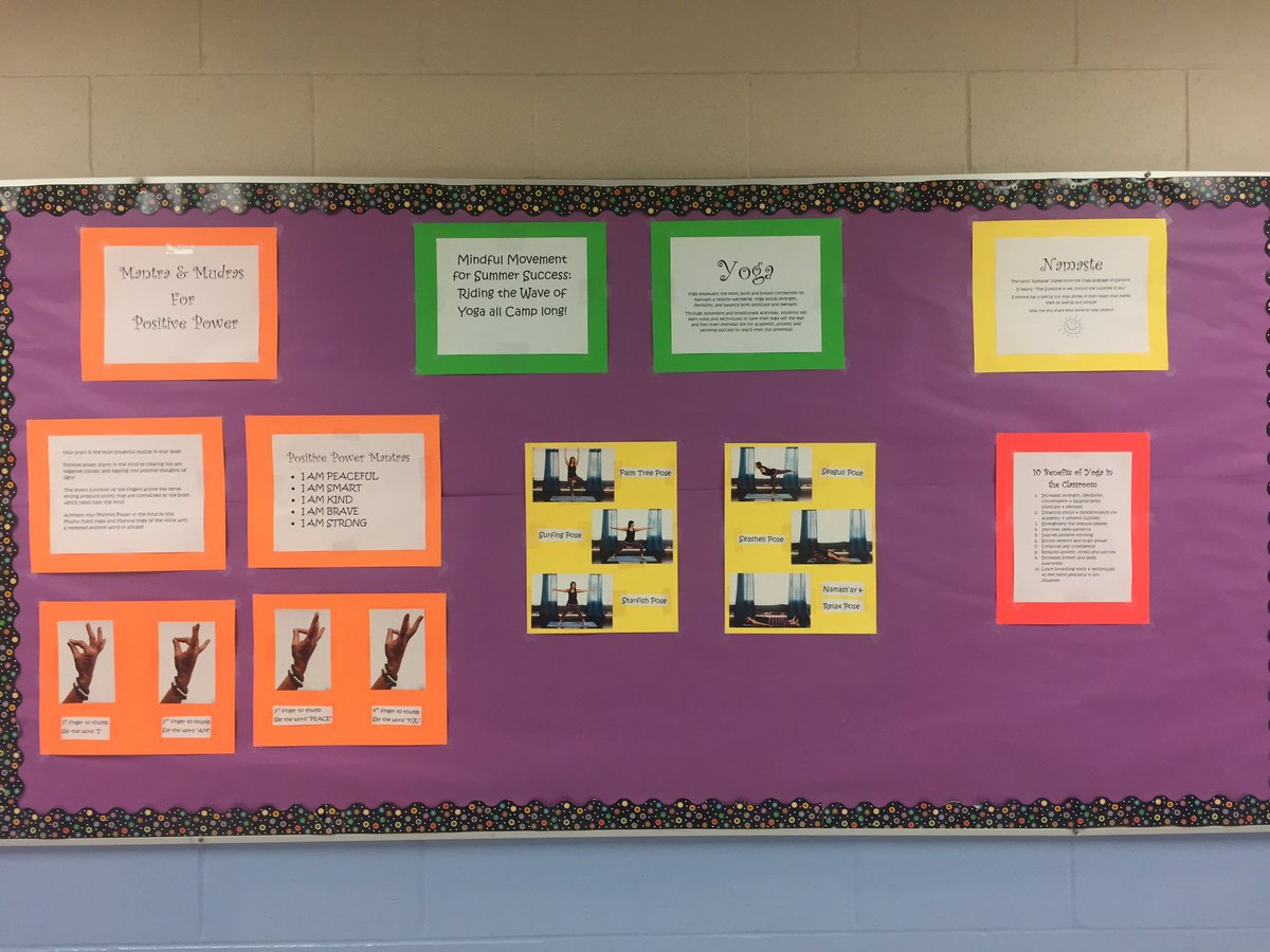 amyzambranoyoga's tweet photo. Yoga bulletin board is up at Gregory!! Check it out for mindful movement yoga tools to help your campers feel calm &amp; cool!! https://t.co/wvHOCV5Vnp
