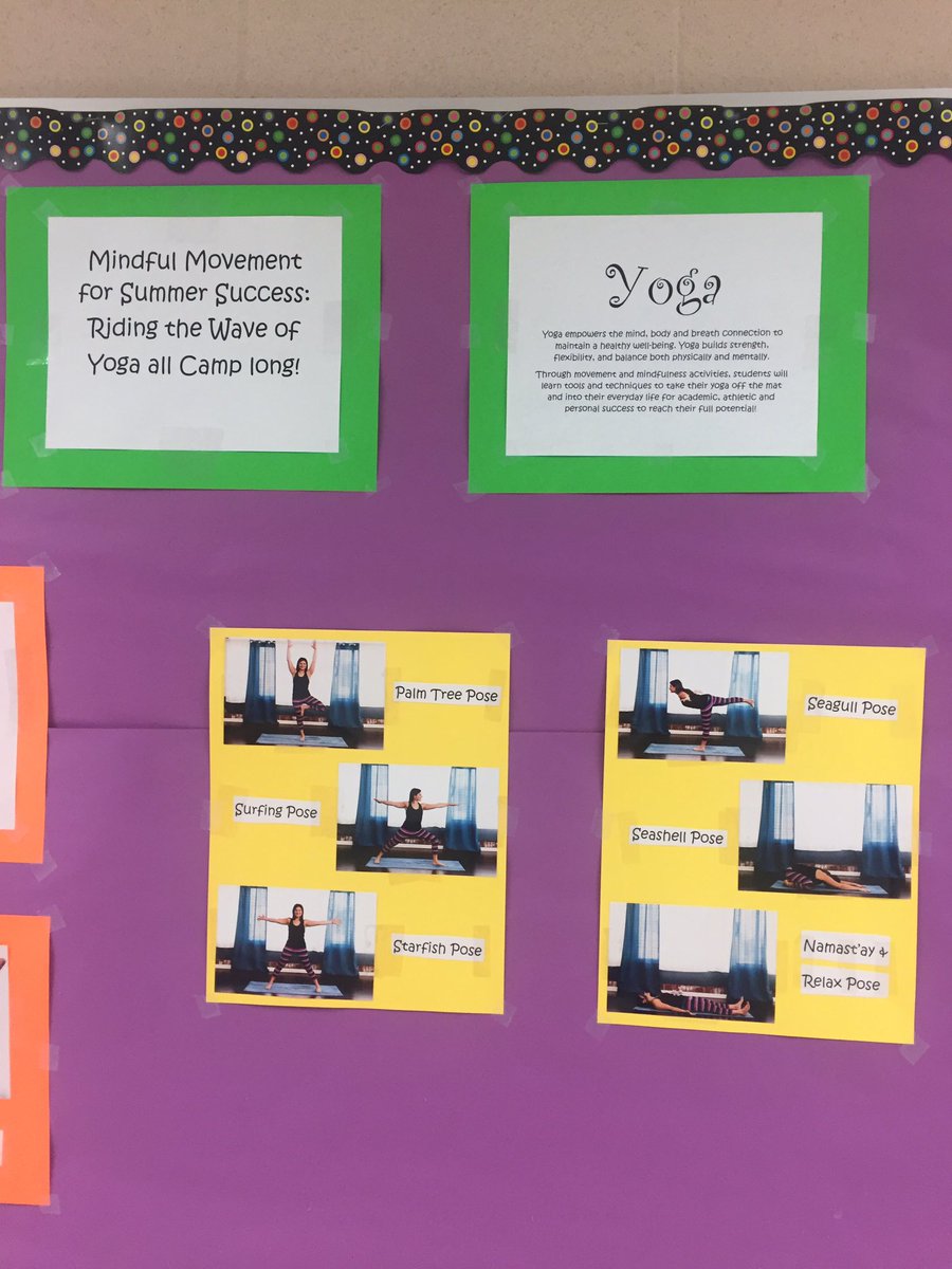 amyzambranoyoga's tweet photo. Yoga bulletin board is up at Gregory!! Check it out for mindful movement yoga tools to help your campers feel calm &amp; cool!! https://t.co/wvHOCV5Vnp
